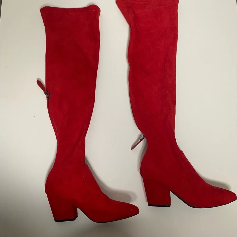 Thigh High Block  Women Pointed Toe Stretch Over The Knee Red  Boots Size 8 - Picture 2 of 8